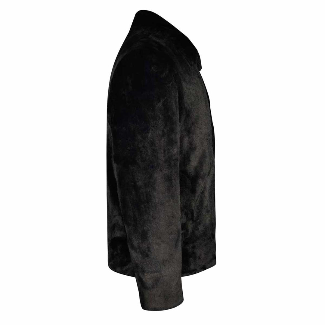 Close-up side view of a black faux-fur jacket's sleeve and collar.