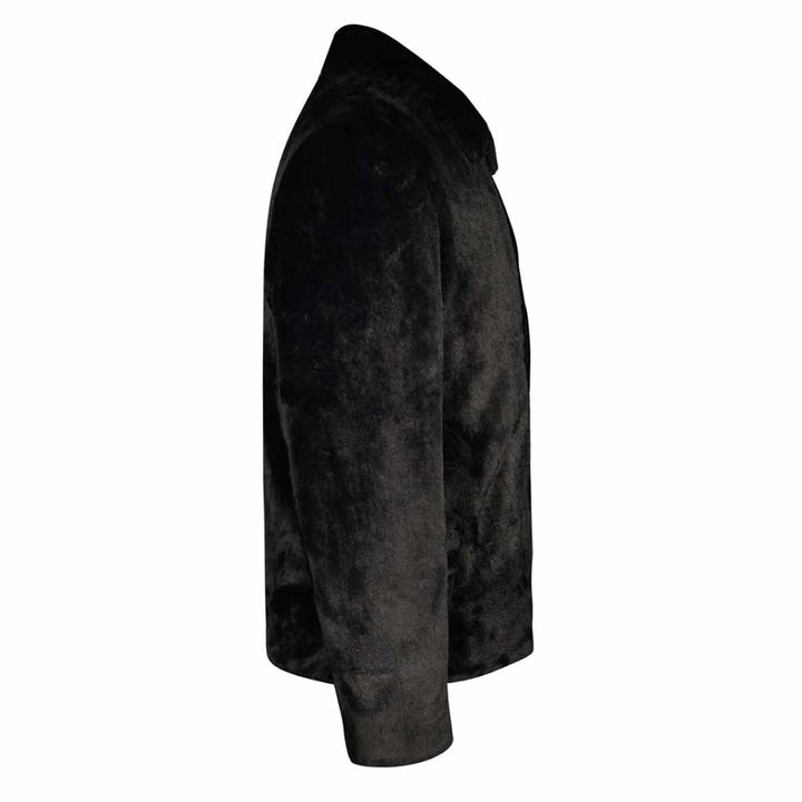 Close-up side view of a black faux-fur jacket's sleeve and collar.