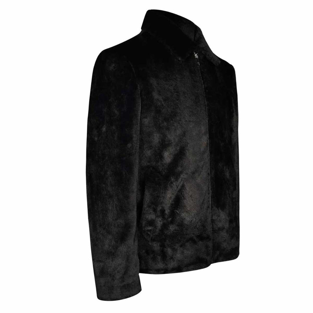 Side view of a black faux-fur jacket, shown open.