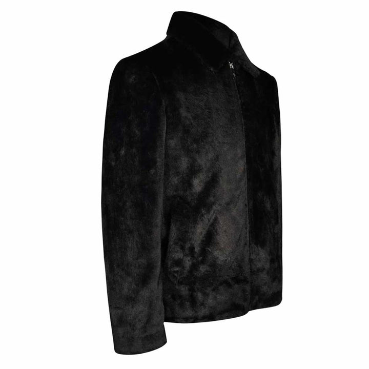 Side view of a black faux-fur jacket, shown open.