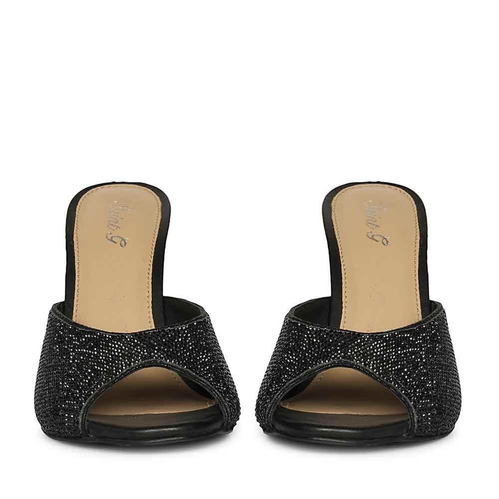 Saint Estrella black crystal stiletto heels, fully embellished pointed-toe design, front view