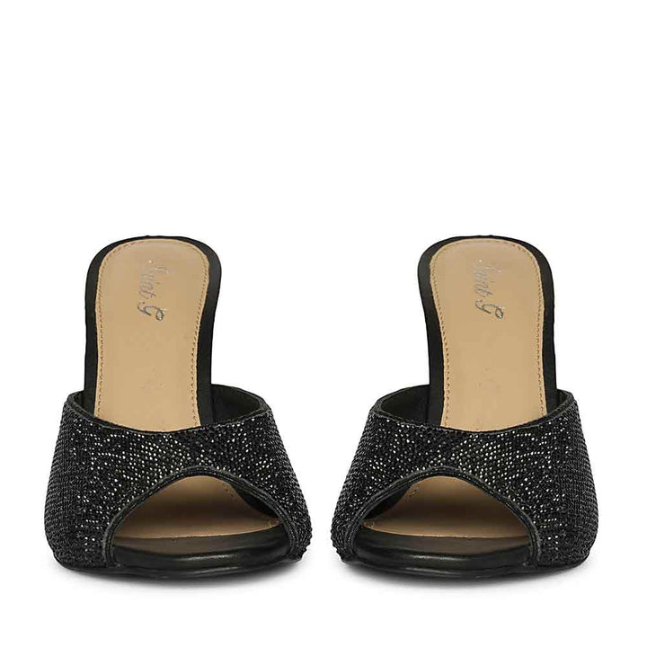 Saint Estrella black crystal stiletto heels, fully embellished pointed-toe design, front view
