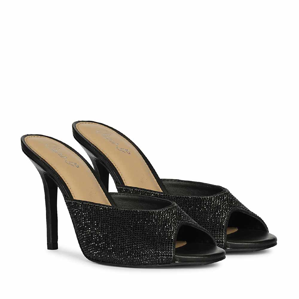 Saint Estrella black crystal stiletto heels, fully embellished pointed-toe design, pair view