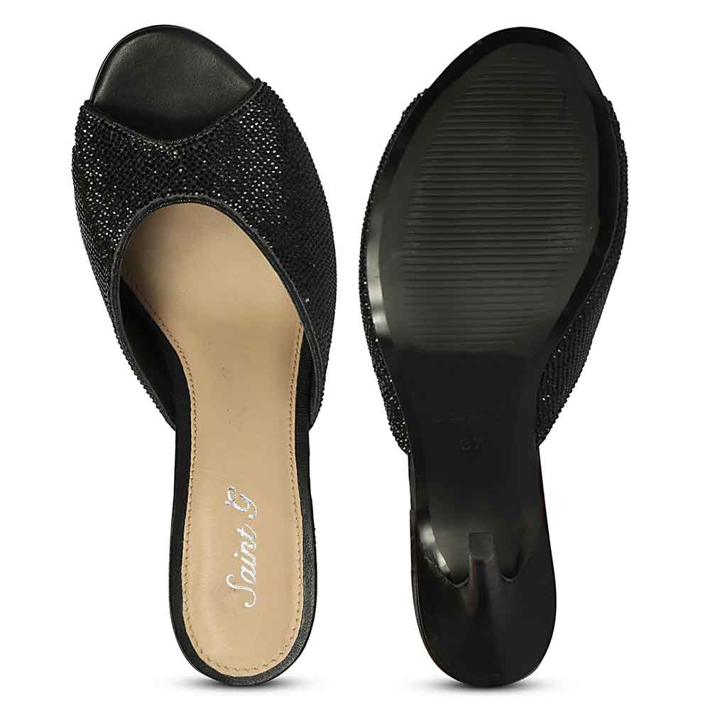 Saint Estrella black crystal stiletto heels, fully embellished pointed-toe design, sole view