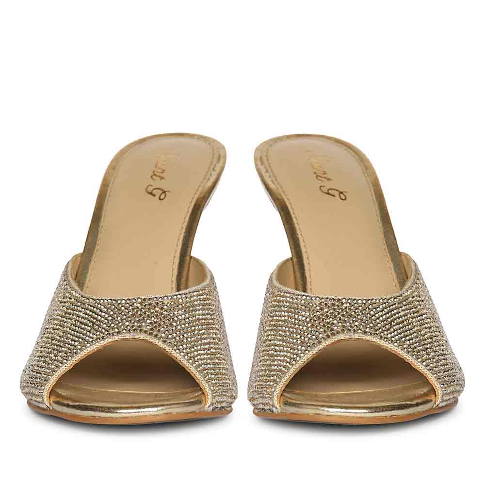 Saint Estrella glow crystal stiletto heels with iridescent crystal embellishment and ankle strap, front view