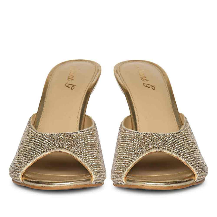 Saint Estrella glow crystal stiletto heels with iridescent crystal embellishment and ankle strap, front view