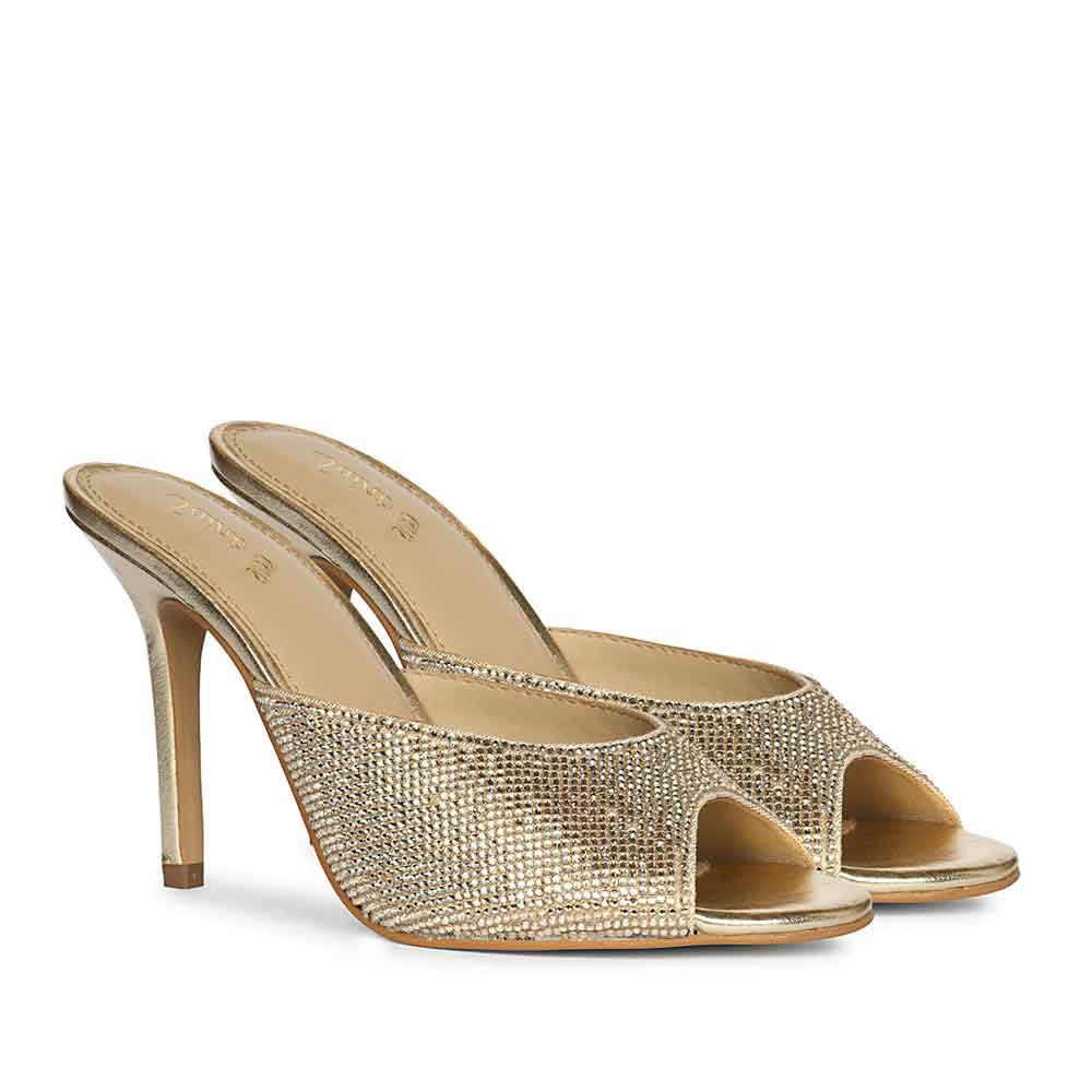 Saint Estrella glow crystal stiletto heels with iridescent crystal embellishment and ankle strap, pair right view