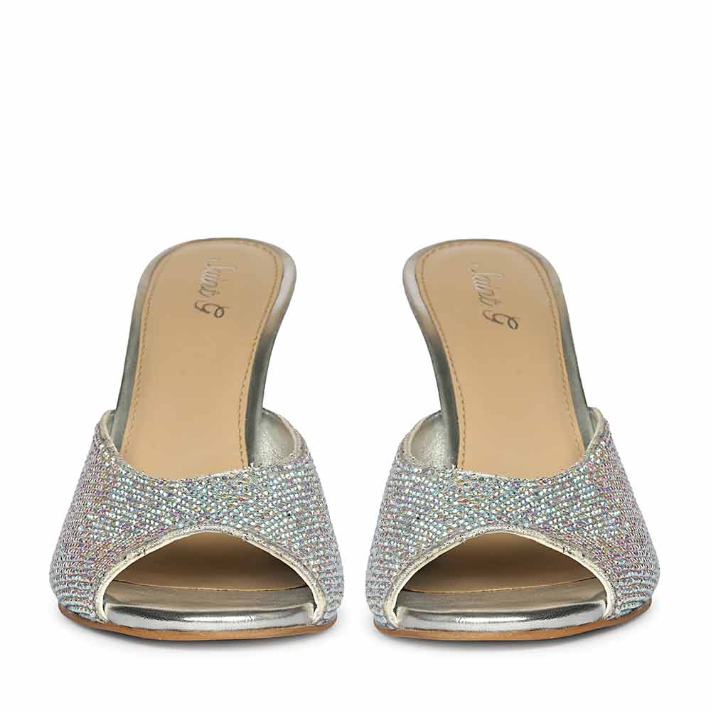 Saint Estrella multi-coloured crystal stiletto heels, embellished pointed-toe design with ankle strap, front view