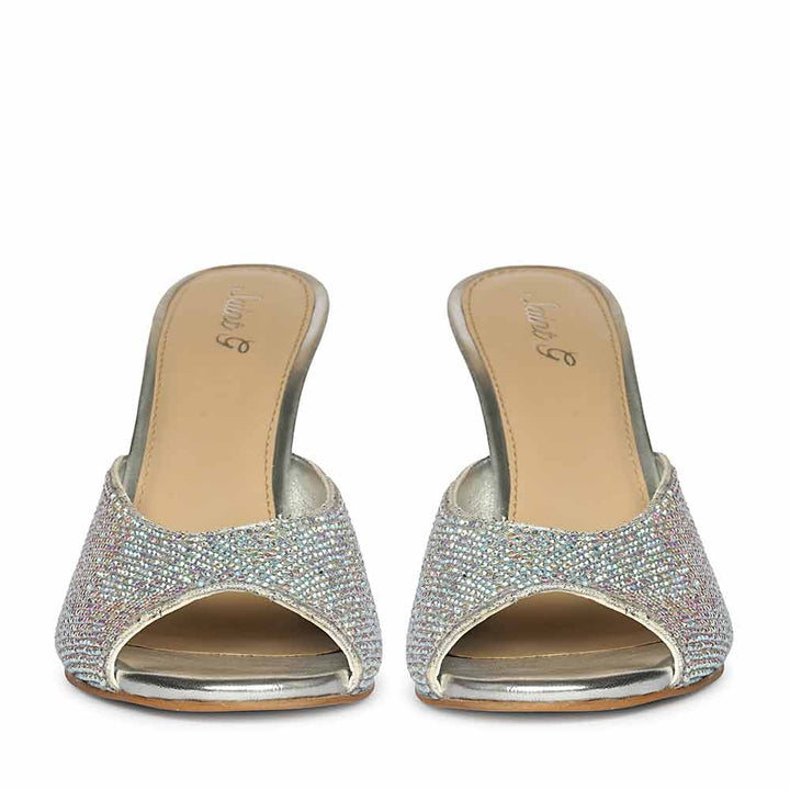 Saint Estrella multi-coloured crystal stiletto heels, embellished pointed-toe design with ankle strap, front view