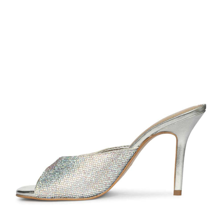 Saint Estrella multi-coloured crystal stiletto heels, embellished pointed-toe design with ankle strap, left view