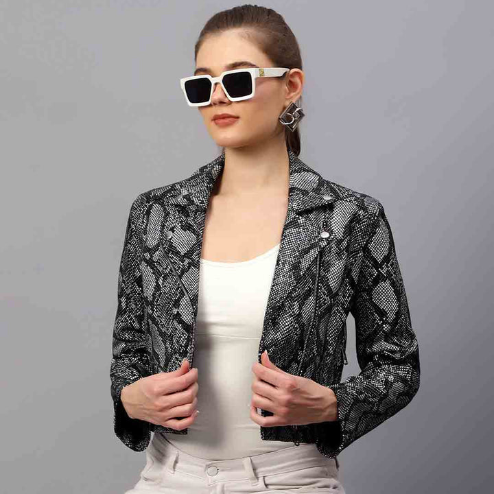 Saint Evie snake print jacket for women UK, front view with notched lapel