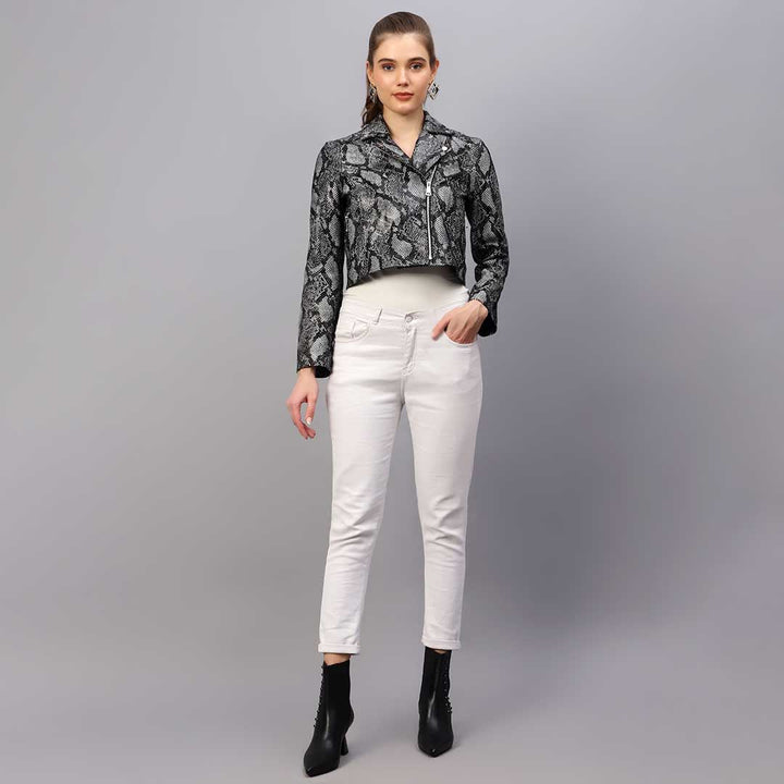 Saint Evie snake print jacket UK, styled full-length lifestyle shot