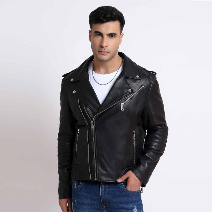 Man wearing an open black leather biker jacket with a quilted panel.