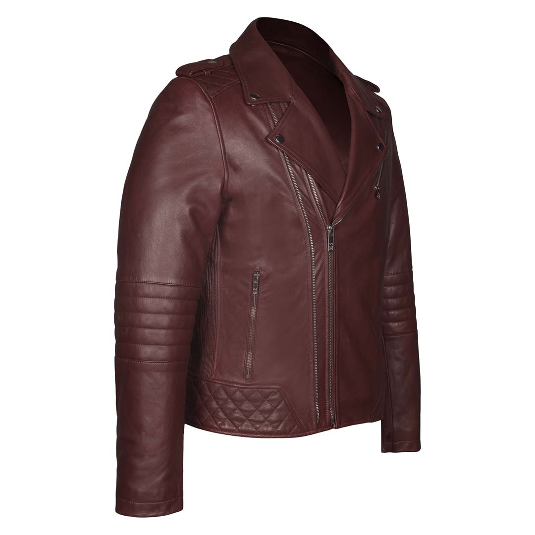 Back view of a man wearing a burgundy leather biker-style jacket.