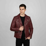 Saint Fabio Men Burgundy Leather Biker Style Jackets