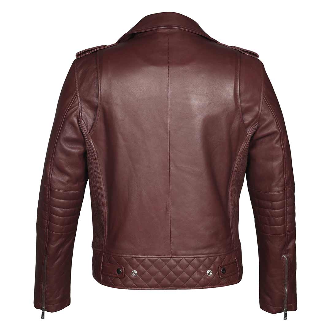 Side view of a man wearing a burgundy leather biker-style jacket.