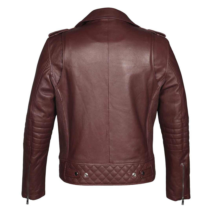 Side view of a man wearing a burgundy leather biker-style jacket.