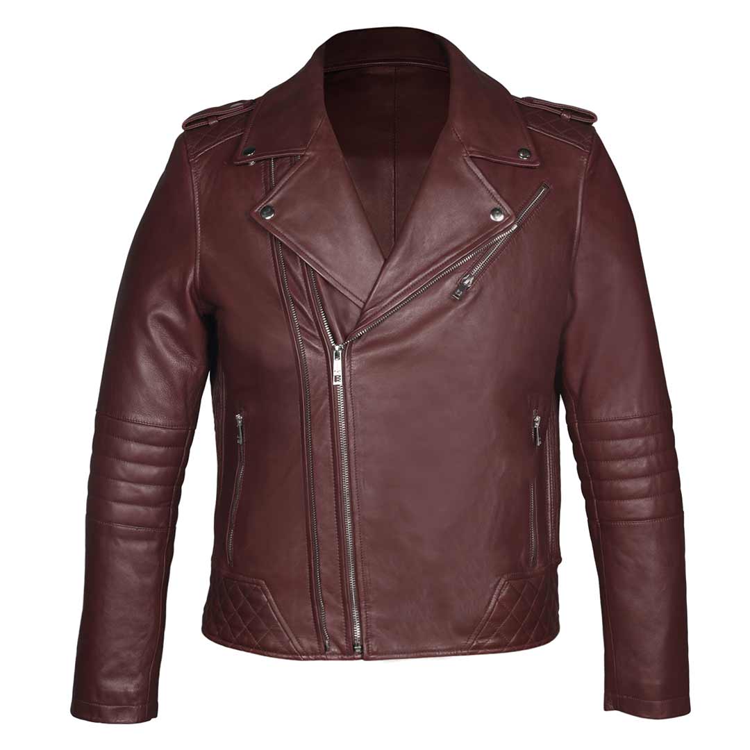 Man wearing a zipped-up burgundy leather biker-style jacket.