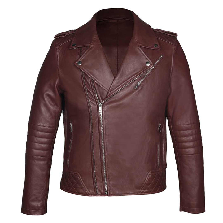 Man wearing a zipped-up burgundy leather biker-style jacket.