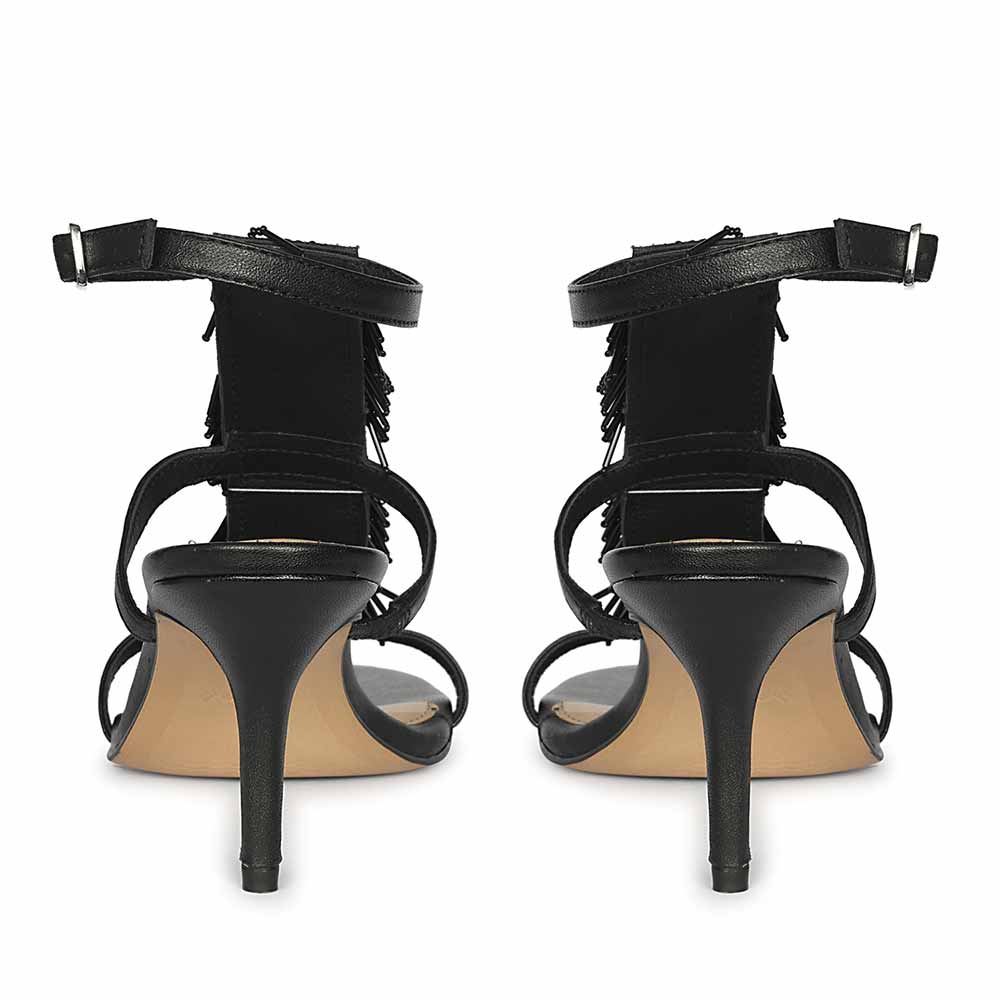 Women's Saint Faye Black Leather Fringe Stilettos, back pair view