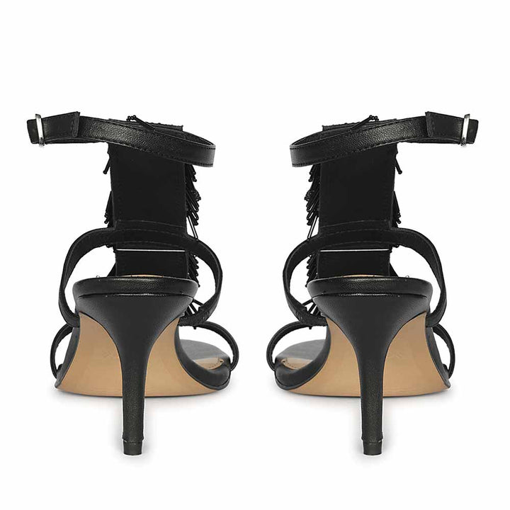 Women's Saint Faye Black Leather Fringe Stilettos, back pair view