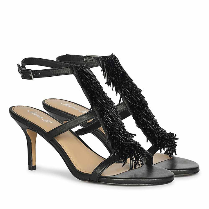 Women's Saint Faye Black Leather Fringe Stilettos, pair view