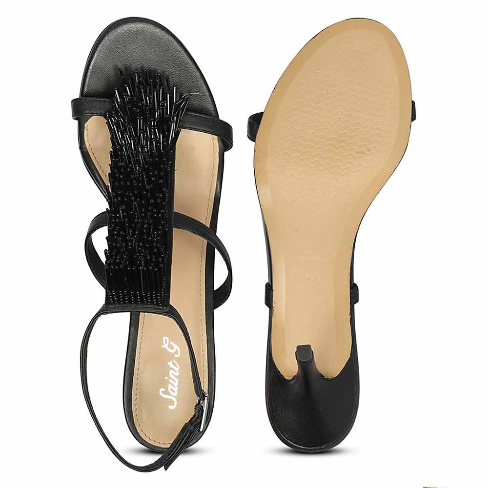 Women's Saint Faye Black Leather Fringe Stilettos, sole view