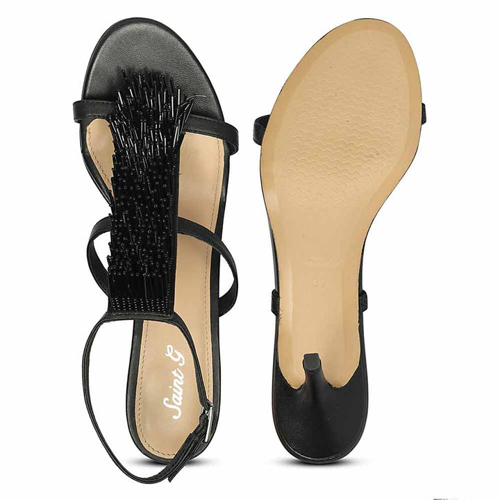 Women's Saint Faye Black Leather Fringe Stilettos, sole view