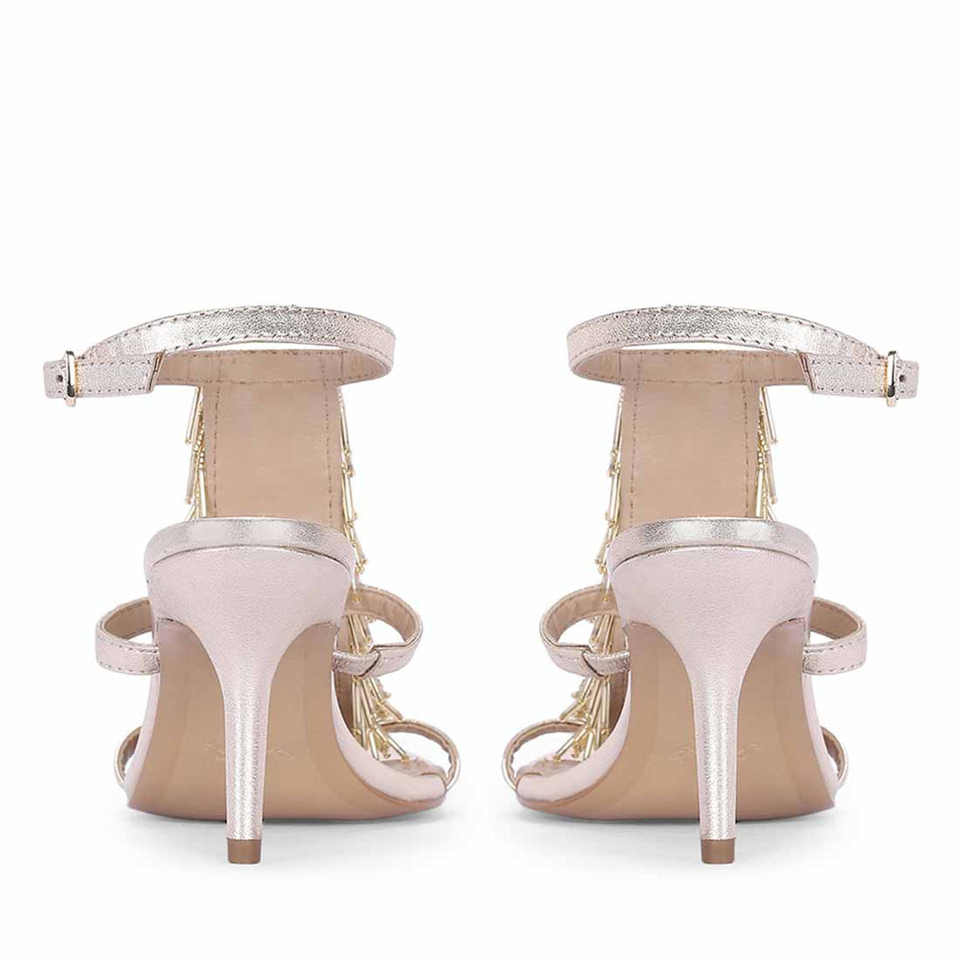 Women's Saint Faye Gold Leather Fringe Stilettos, back pair view
