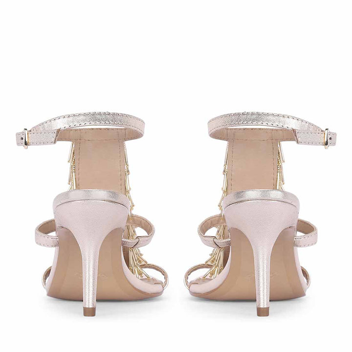 Women's Saint Faye Gold Leather Fringe Stilettos, back pair view