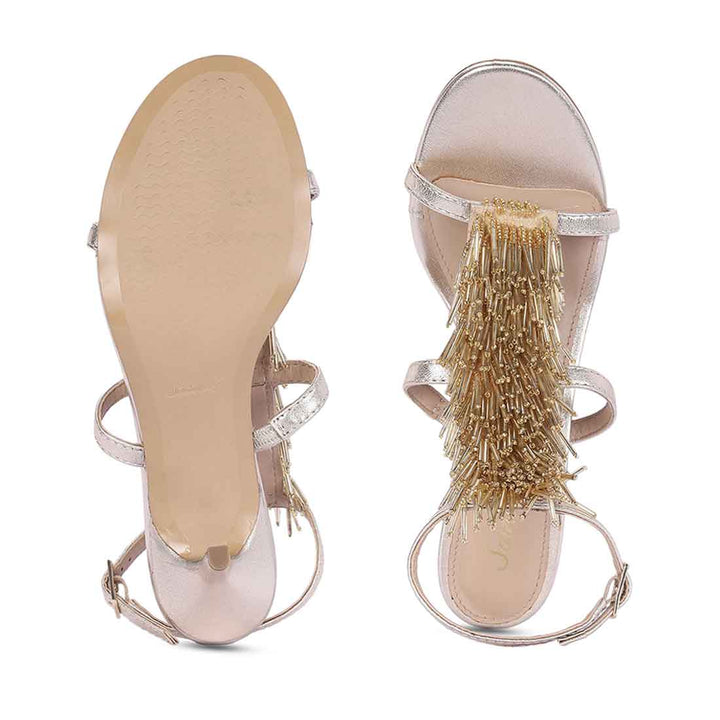 Women's Saint Faye Gold Leather Fringe Stilettos, sole view