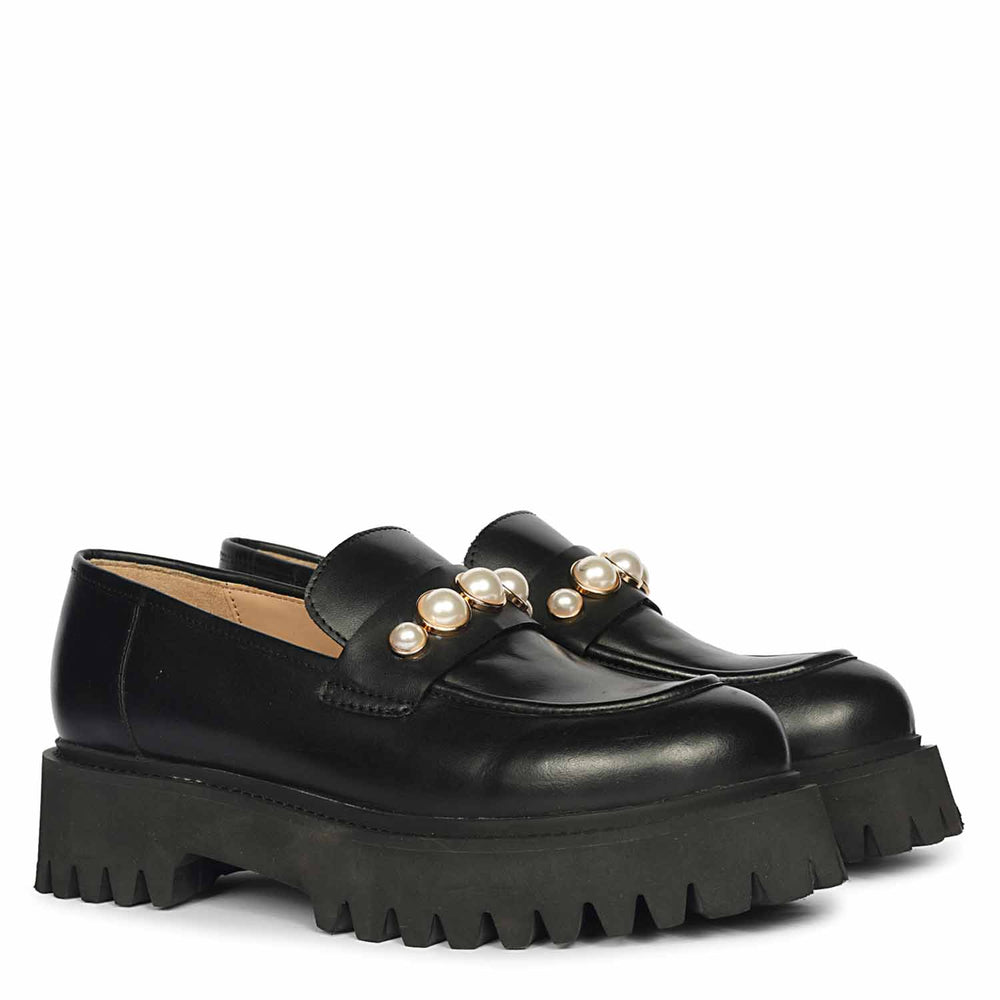 Ladies Saint Fearl pearl studs black leather moccasins, angled pair view — best Women's shoes UK