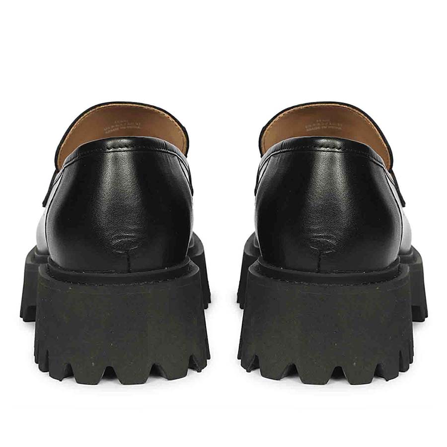 Best Ladies Saint Fearl pearl studs black leather moccasins, close-up back heel view — Women's shoes UK