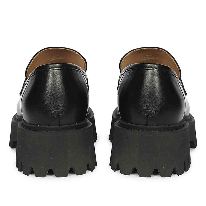 Best Ladies Saint Fearl pearl studs black leather moccasins, close-up back heel view — Women's shoes UK