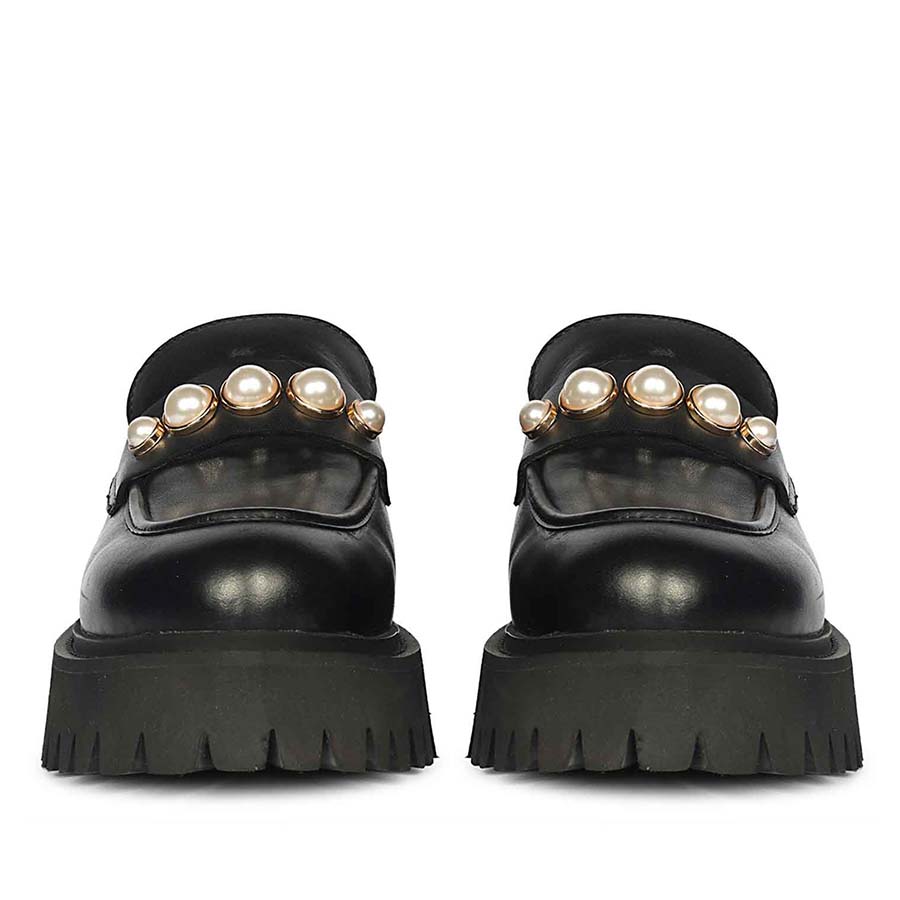 Women's Saint Fearl pearl studs black leather moccasins, back pair view with pearl trim — best Ladies shoes UK