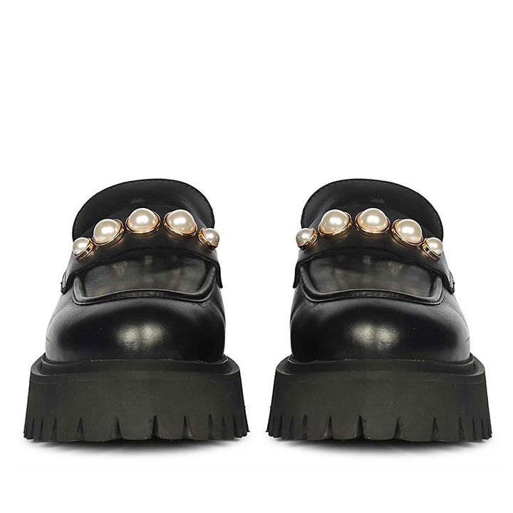 Women's Saint Fearl pearl studs black leather moccasins, back pair view with pearl trim — best Ladies shoes UK