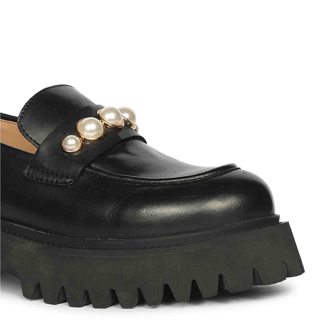 Ladies Women's Saint Fearl pearl studs black leather moccasins, close-up detail of pearl and gold studs — best shoes UK