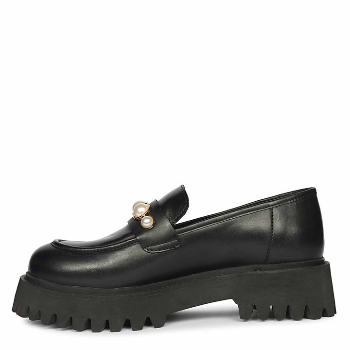 Saint Fearl pearl studs black leather moccasins, alternate side view of pearl trim — best Women's Ladies shoes UK