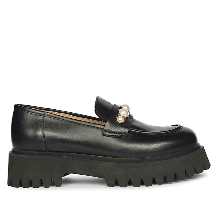 Best Saint Fearl pearl studs black leather moccasins, side profile view — Women's chunky-sole shoes UK
