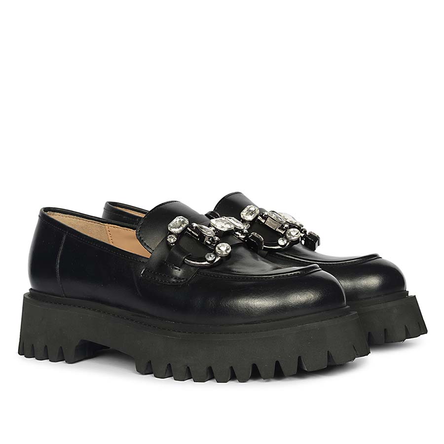 Ladies Saint Feri crystal saddle black leather moccasins, angled pair view — best Women's shoes UK