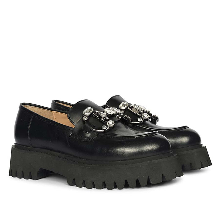 Ladies Saint Feri crystal saddle black leather moccasins, angled pair view — best Women's shoes UK