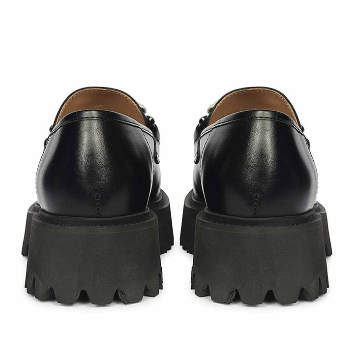 Best Ladies Saint Feri crystal saddle black leather moccasins, back pair view of lug sole — Women's shoes UK