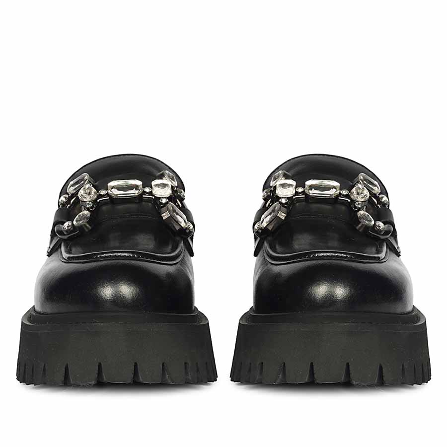 Saint Feri crystal saddle black leather moccasins, front pair view with crystal embellishment — best Women's Ladies shoes UK