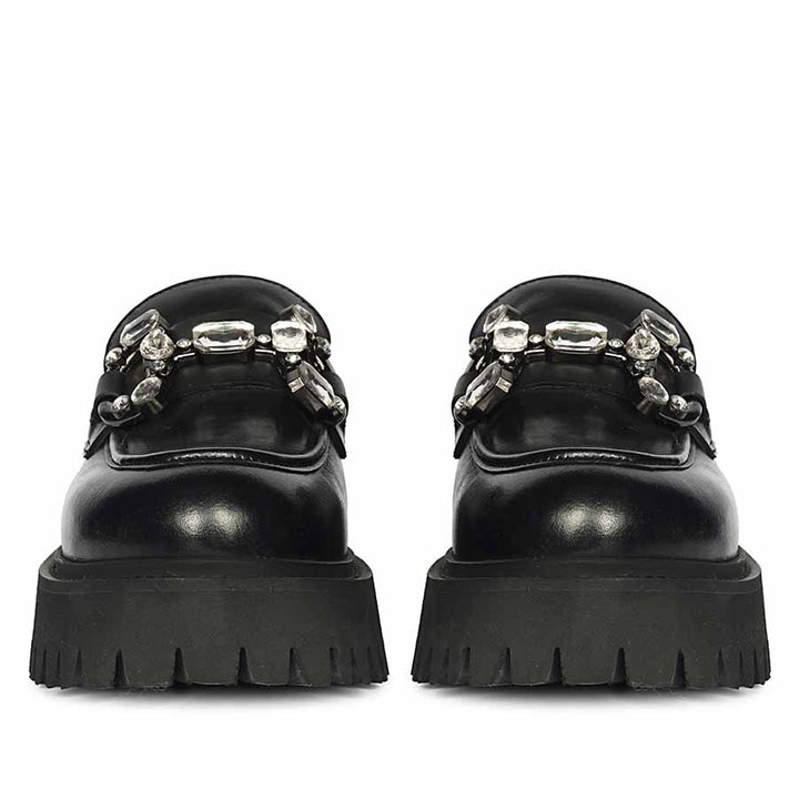 Saint Feri crystal saddle black leather moccasins, front pair view with crystal embellishment — best Women's Ladies shoes UK
