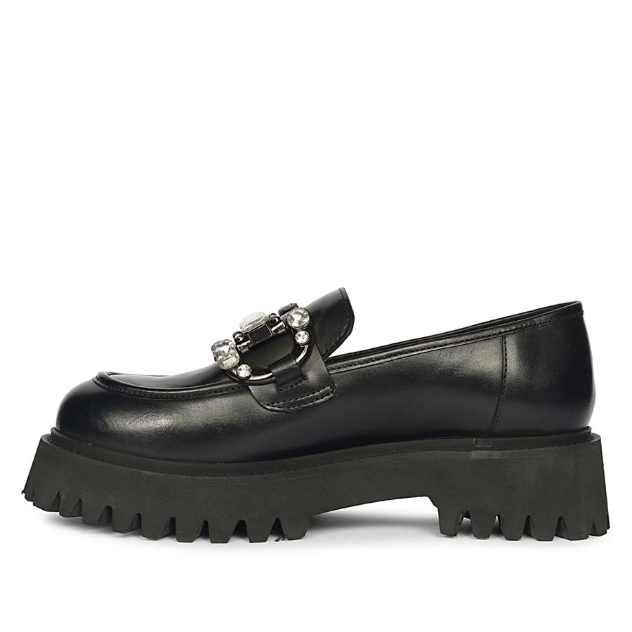 Women's Saint Feri crystal saddle black leather moccasins, close-up side view of crystal saddle — best Ladies shoes UK