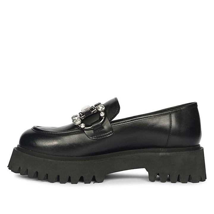 Women's Saint Feri crystal saddle black leather moccasins, close-up side view of crystal saddle — best Ladies shoes UK