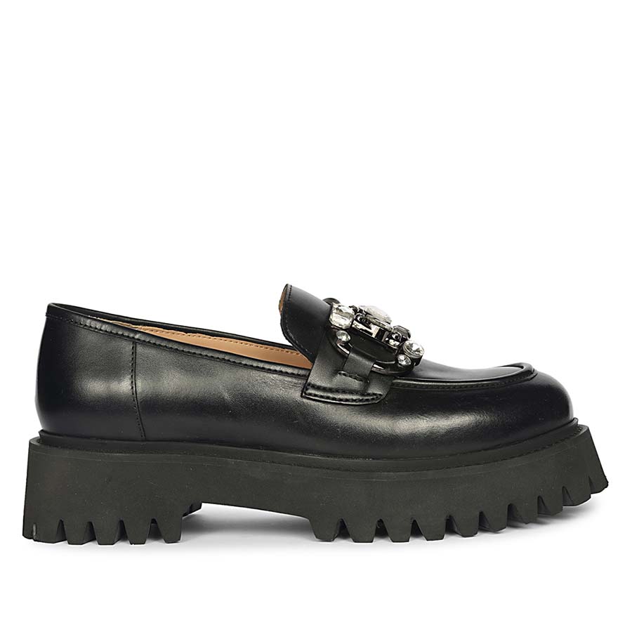 Best Saint Feri crystal saddle black leather moccasins, side profile view — Women's chunky-sole shoes UK