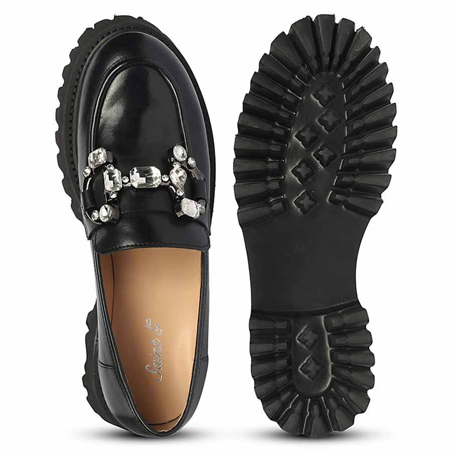 Ladies Women's Saint Feri crystal saddle black leather moccasins, sole and top view — best shoes UK