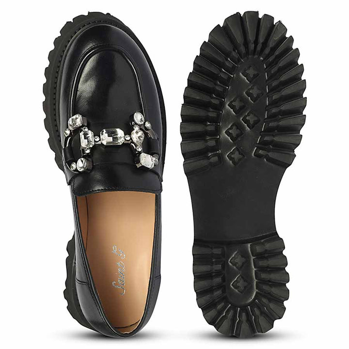 Ladies Women's Saint Feri crystal saddle black leather moccasins, sole and top view — best shoes UK