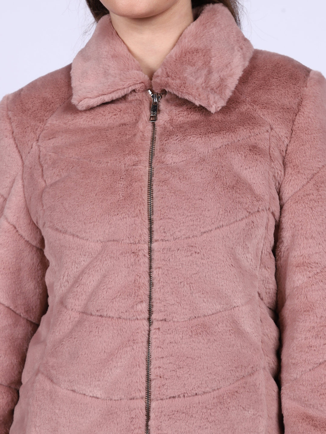 Close-up of collar and zip on Saint Fernanda dusty rose fur jacket UK